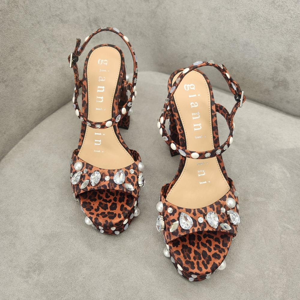 Gianni Bini Platform Sandals 8 Brown Leopard Satin Calvan Two Jeweled New $150 - Picture 6 of 17